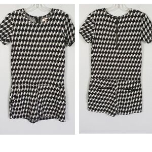 GUM 3D Geo Print Short Sleeve Romper Faux Leather Trim Sz M Stretchy Black White